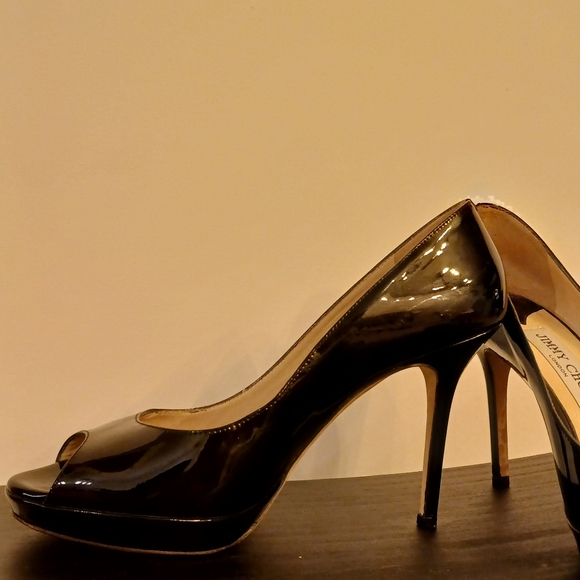 Jimmy Choo Black Patent Leather Peep Toe Platform Pumps - Picture 5 of 6
